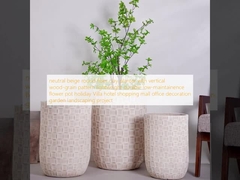 neutral beige round fiber clay planter with vertical wood-grain pattern lightweight durable low-maintainence flower pot holiday Villa hotel shopping mall office decoration garden landscaping project