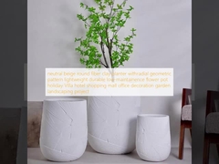 neutral beige round fiber clay planter withradial geometric pattern lightweight durable low-maintainence flower pot holiday Villa hotel shopping mall office decoration garden landscaping project