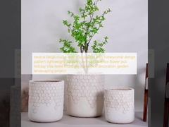 neutral beige round fiber clay planter with honeycomb design pattern lightweight durable low-maintainence flower pot holiday Villa hotel shopping mall office decoration garden landscaping project
