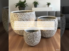 GRC pot grey round fiber cement planter with a monstera leaf design pattern lightweight durable low-maintainence flower pot holiday Villa office decoration Rooftop Gardens landscaping project