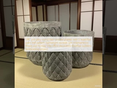 GRC pot grey round fiber cement planter with a repetitive palm leaf pattern lightweight durable low-maintainence flower pot holiday Villa office decoration Rooftop Gardens landscaping project