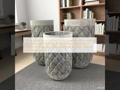 GRC pot grey tall round fiber cement planter with a repetitive palm leaf pattern lightweight durable low-maintainence flower pot holiday Villa office decoration Rooftop Gardens landscaping project
