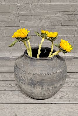 Buy Round Shape Vintage Style Fiber Clay Planter with Hand Carve Finish online manufacture
