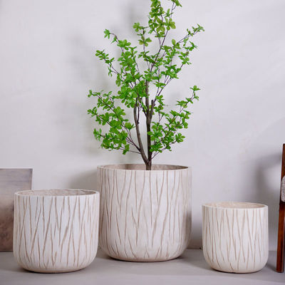 Buy Neutral Beige Round Fiber Clay Planter With Vertical Wood-grain Pattern online manufacture