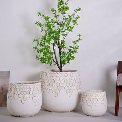 Buy Lightweight Durable White Round Fiber Clay Planter Sweet Honeycomb Pattern Garden Landscaping online manufacture