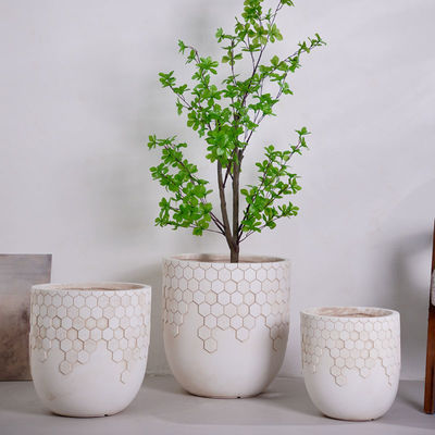Buy Natural Honeycomb Pattern Neutral Beige Round Lightweight Fiber Clay Planter online manufacture
