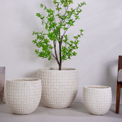 Buy Handmade Neutral Beige Round Fiber Clay Planter With Checkered Pattern online manufacture