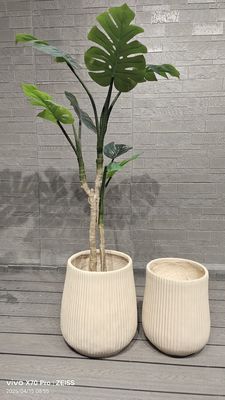 buy Contemporary Look Neutral Beige Repetitive Linear Texture Design Round Fiber Clay Planter online manufacture