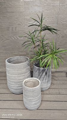 Buy Light Grey With Horizontal Circular Ridges Round Fiber Clay Planter For Indoor Decoration online manufacture