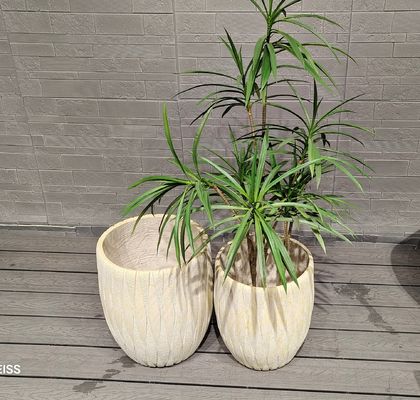 Buy Pair Of Chic Lemon Yellow Tones Vertical Patterns Round Fiber Clay Planter online manufacture