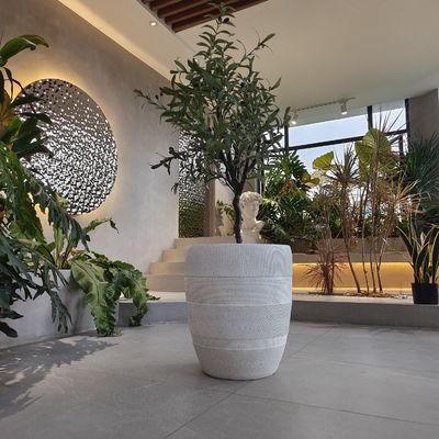Texture Round Fiber Clay Planter Hand Carved for Indoor / Outdoor Decor