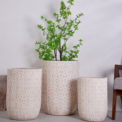 neutral beige round fiber clay planter with woven grid pattern textured lightweight durable low-maintainence flower pot holiday Villa hotel shopping mall office decoration garden landscaping project