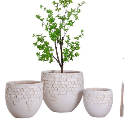 Prosperity Honeycomb Structure Pattern Neutral Beige Round Fiber Clay Planter Decoration