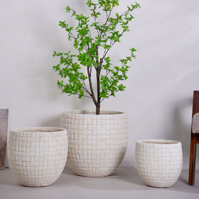 neutral beige round fiber clay planter with checkered pattern lightweight durable low-maintainence flower pot holiday Villa hotel shopping mall office decoration garden landscaping project