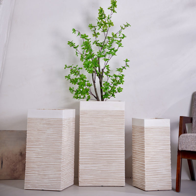 neutral beige round fiber clay planter with vertical stripe pattern lightweight durable low-maintainence flower pot holiday Villa hotel shopping mall office decoration garden landscaping project