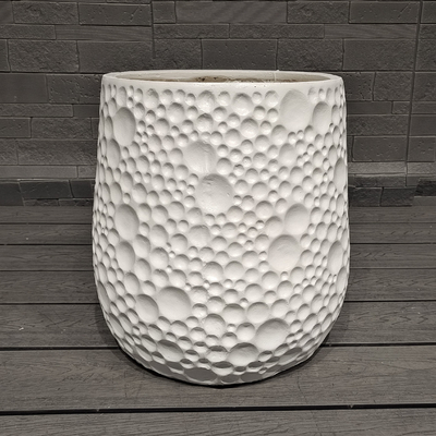 white clean cylindrical shape fiber clay planter with pebble - shaped protrusion pattern lightweight durable low-maintainence flower pot holiday Villa office decoration garden landscaping project