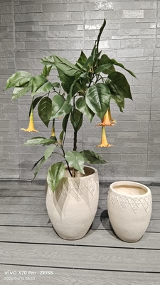 Intricate Floral Decor Neutral Beige Cylindrical Fiber Clay Lightweight Planter