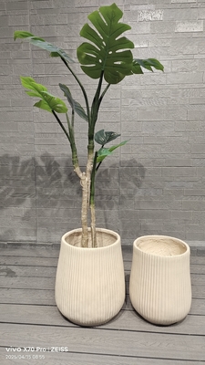 contemporary look neutral beige repetitive linear texture design round fiber clay planter lightweight durable low-maintainence flower pot holiday Villa office decoration garden landscaping project