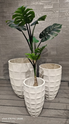 contemporary look white angular geometric shapes round fiber clay planter lightweight durable low-maintainence flower pot holiday Villa office decoration garden landscaping project