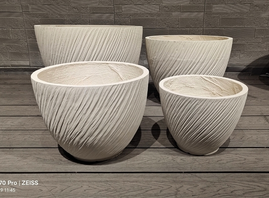contemporary look white flowing striped effect round fiber clay planter lightweight durable low-maintainence flower pot holiday Villa office decoration garden landscaping project
