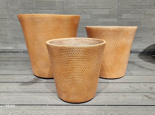 minic woven fabrics warm earthy brown tone textured dotted pattern round fiber clay planter lightweight durable low-maintainence flower pot holiday Villa office decoration garden landscaping project