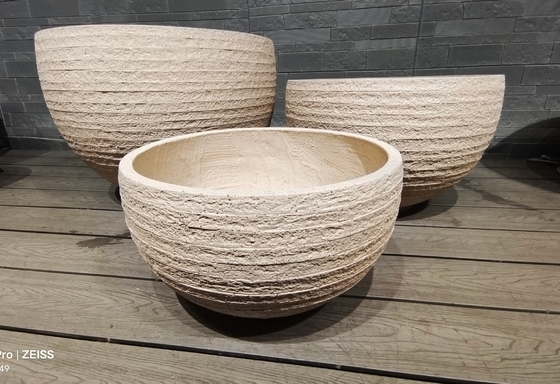 natural rustic style light beige striped layered effect round fiber clay planter lightweight durable low-maintainence flower pot holiday Villa office decoration Rooftop Gardens landscaping project