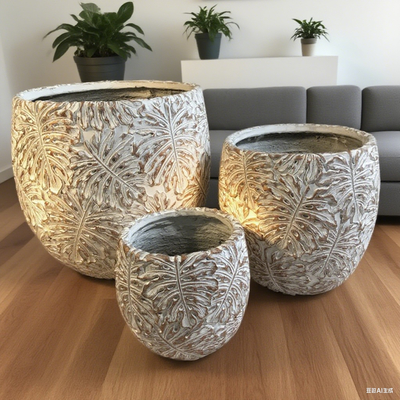 GRC pot grey round fiber cement planter with a monstera leaf design pattern lightweight durable low-maintainence flower pot holiday Villa office decoration Rooftop Gardens landscaping project
