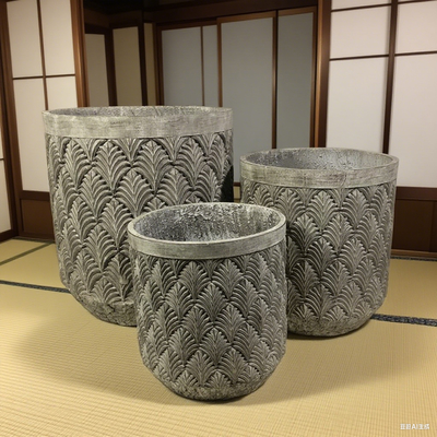 Repetitive Palm Leaf Pattern Grey Round Fiber Cement Planter Durable Low-maintainence Pot