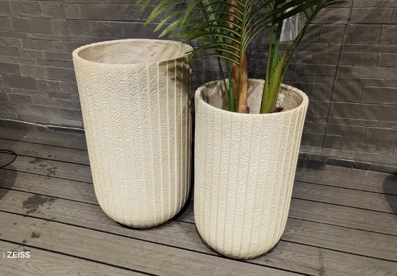 Light Beige Vertically Arranged Thin Stripe Textures Round Fiber Clay Rooftop Gardens Pot