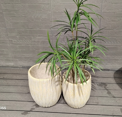Pair Of Chic Lemon Yellow Tones Vertical Patterns Round Fiber Clay Planter