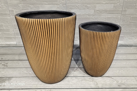 Tall Golden- Brown Hue Stripe Round Fiber Clay Planter Office Decoration Project