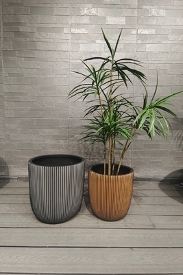Silver Hue Stripe Patterns Round Fiber Clay Planter Lightweight Rooftop Gardens Landscaping Project