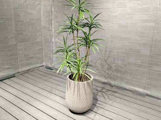Light Grayish White Repetitive Geometric Pattern Round Fiber Clay Planter Architectural Landscaping Design