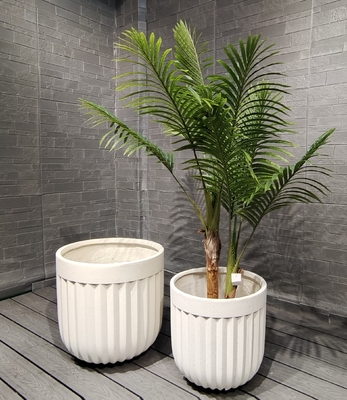 White Delux Vertical Fluted Design Round Egg Shape Fiber Clay Planter Garden Park Landscaping